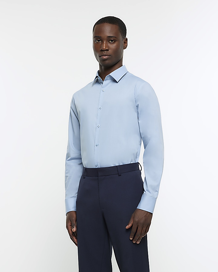 Blue slim fit smart shirt | River Island