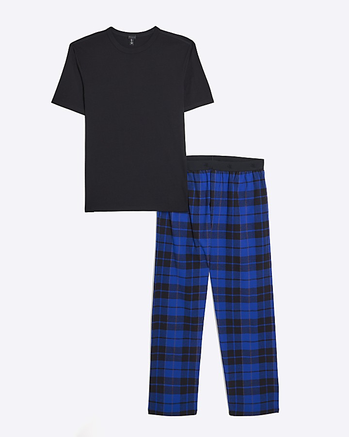 Blue check trousers and t-shirt lounge set | River Island