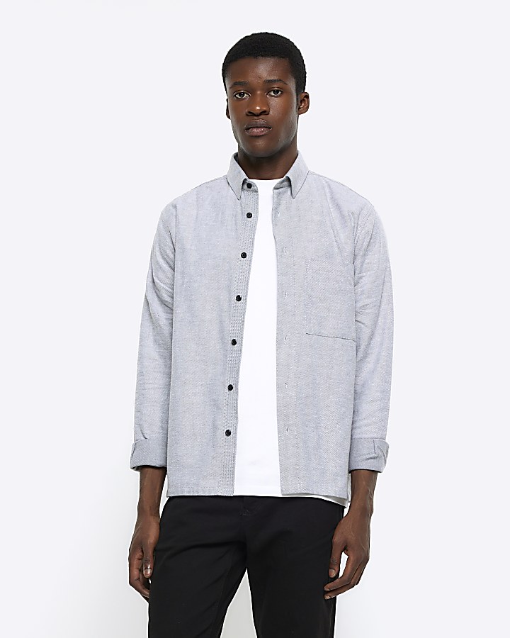Grey regular fit twill long sleeve shirt