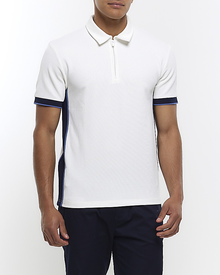 White slim fit textured taped polo shirt