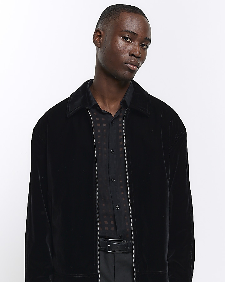 Black regular fit velvet Harrington jacket