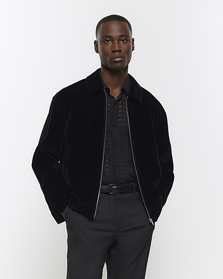 Black regular fit velvet Harrington jacket