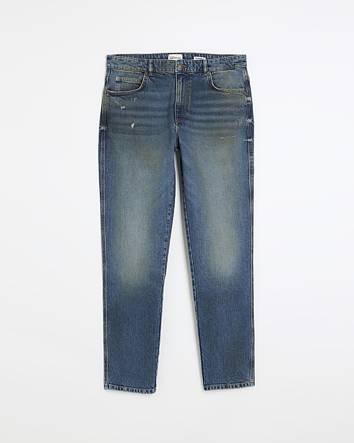 Blue faded tapered fit jeans | River Island