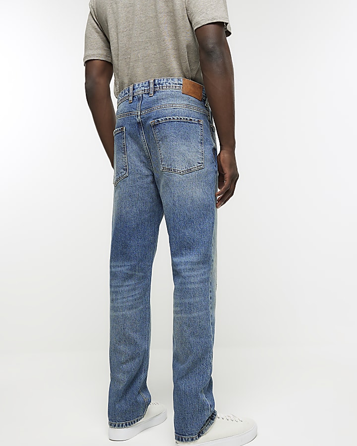 Blue straight fit faded jeans