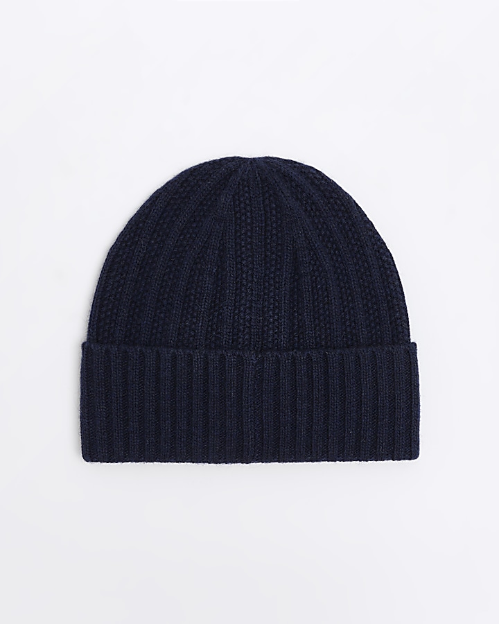 Navy wool blend beanie | River Island