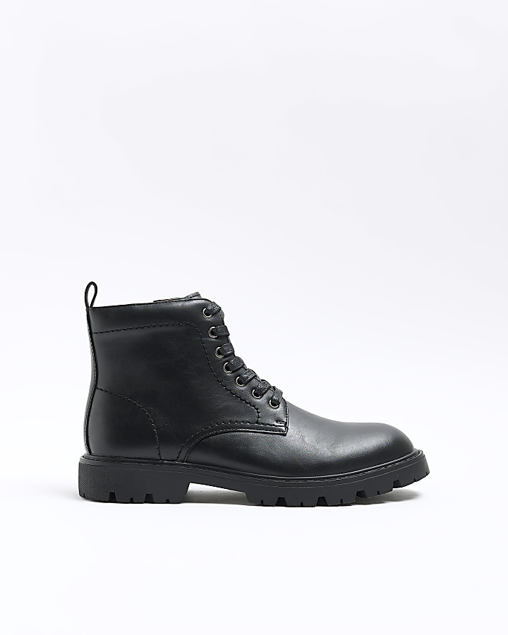 Black faux leather combat boots | River Island