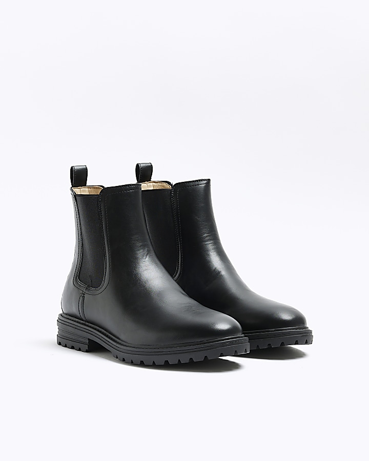 Black wide fit faux leather chelsea boots | River Island