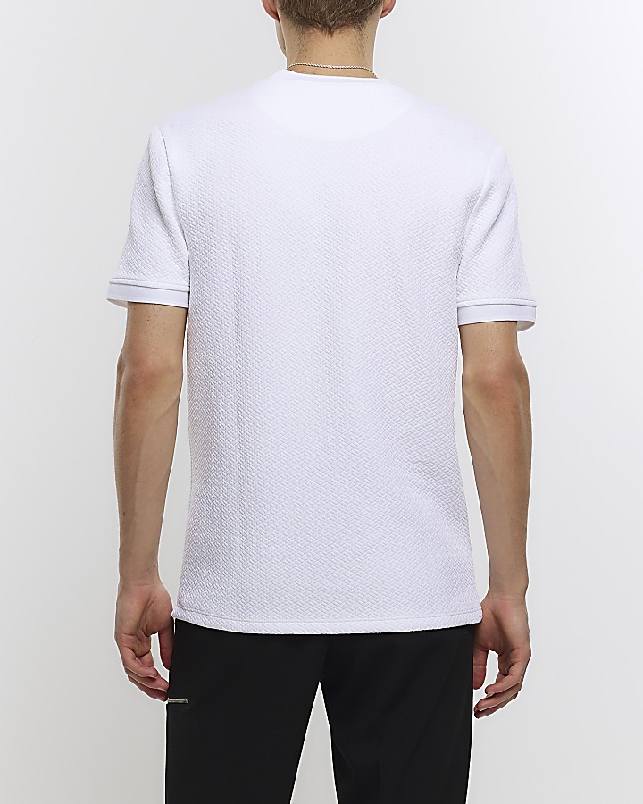 White slim fit quilted embroidered t-shirt
