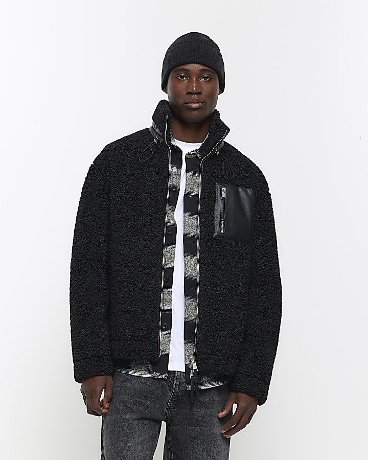 Black regular fit borg funnel neck jacket