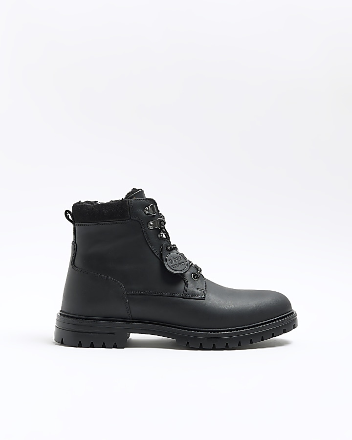 Black leather padded collar boots | River Island