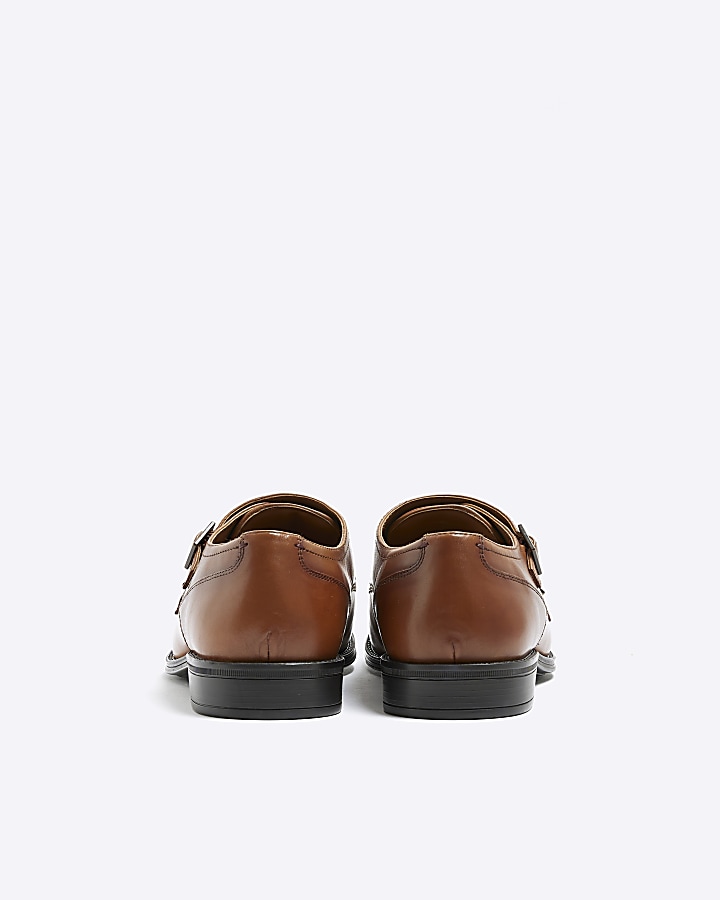 Brown leather monk shoes | River Island