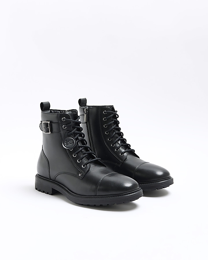 Black leather buckle combat boots | River Island