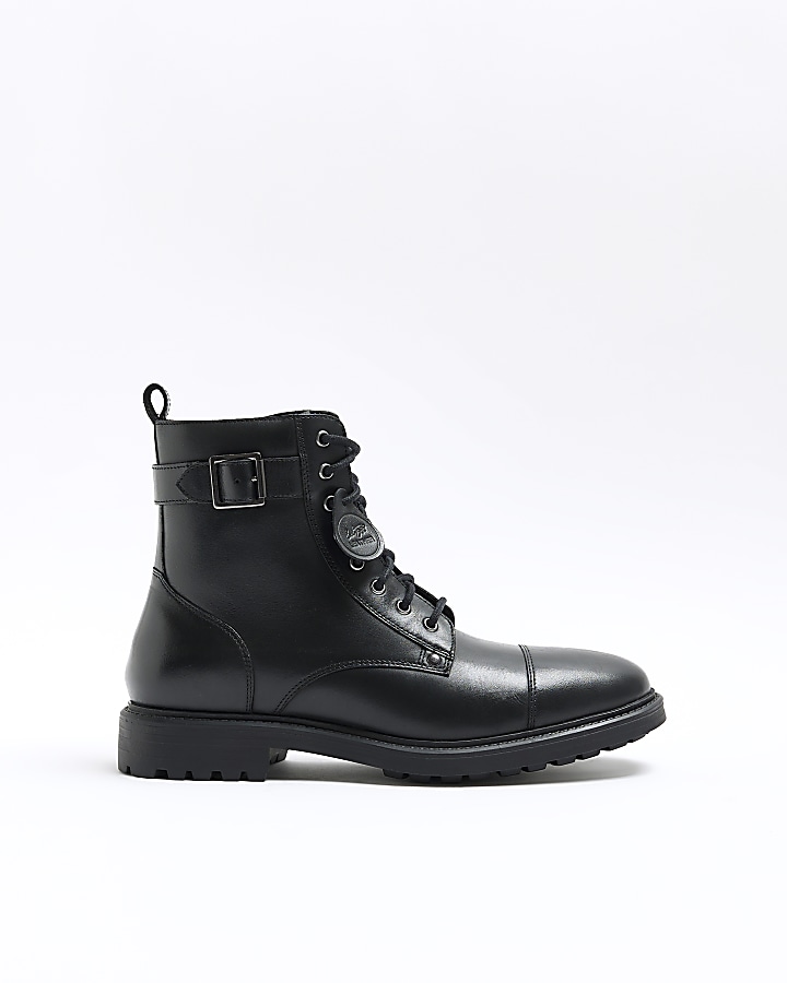Black leather buckle combat boots | River Island
