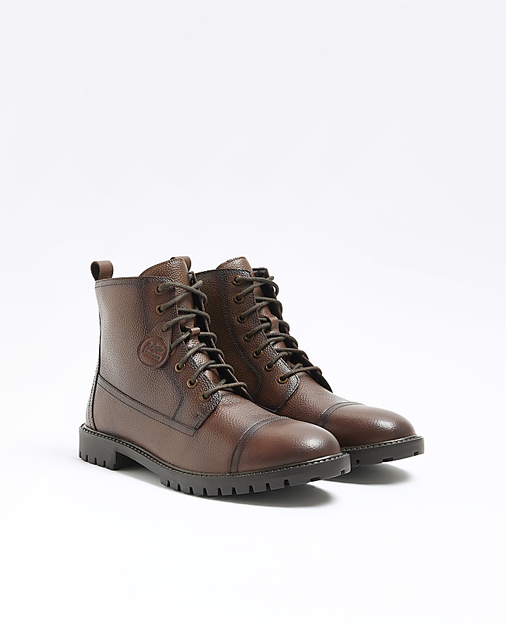 Brown leather combat boots | River Island