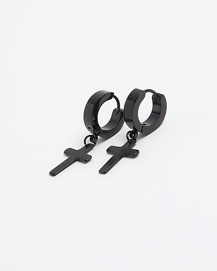 Black stainless steel cross hoop earrings