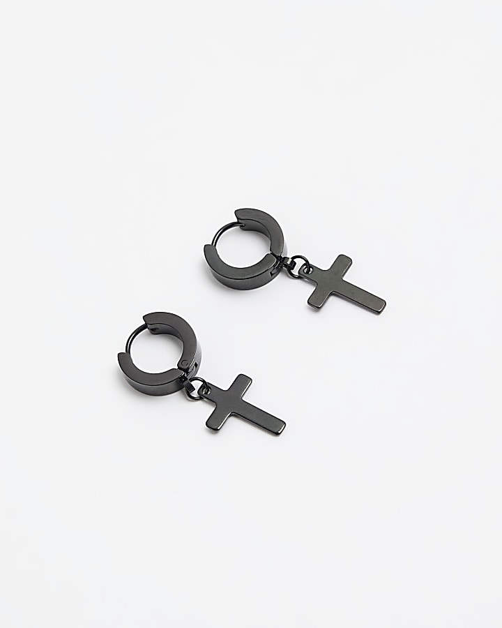 Black stainless steel cross hoop earrings