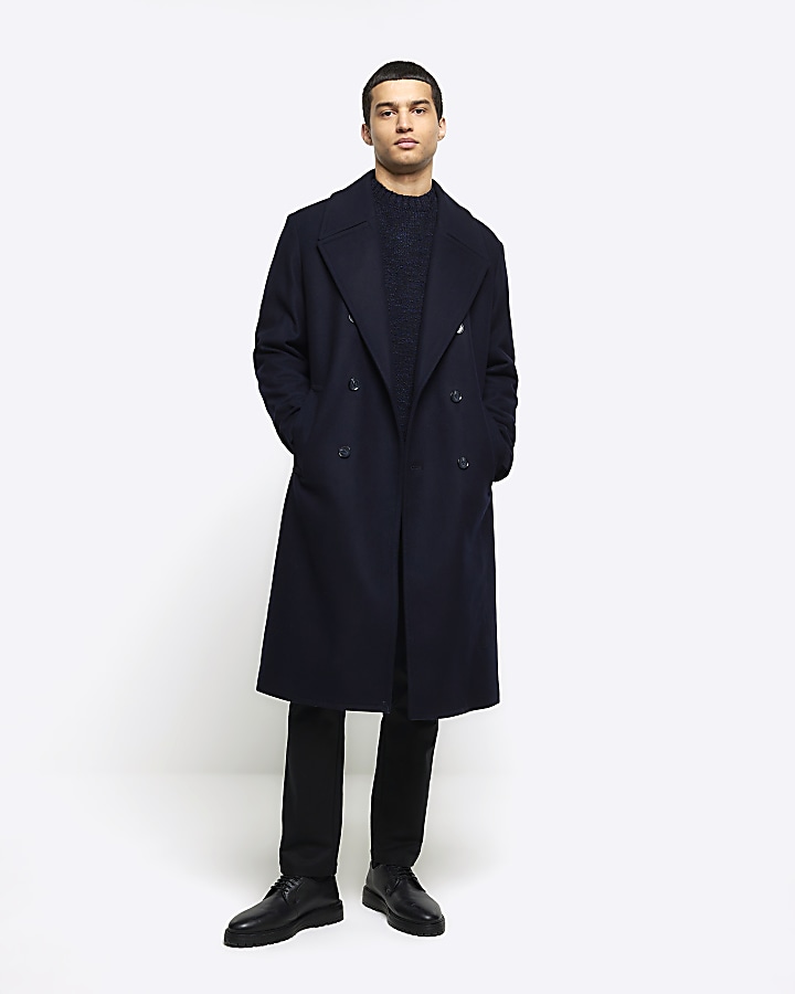 Navy regular fit wool blend premium coat | River Island