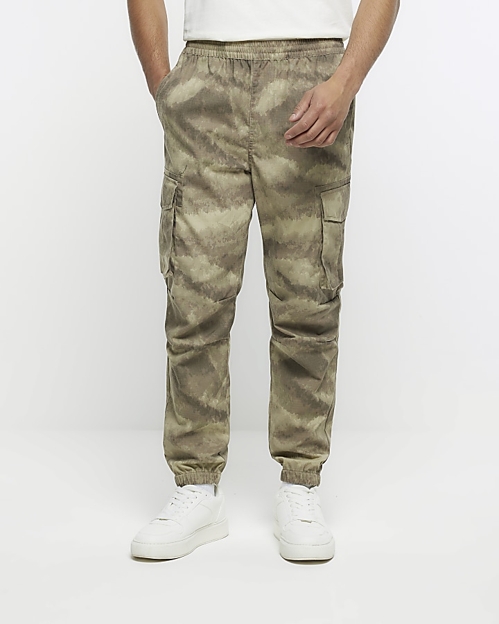 Khaki regular fit camo cargo trousers | River Island