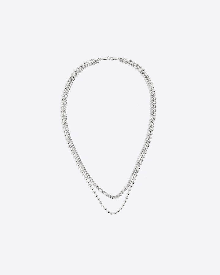 Silver ball chain multirow necklace