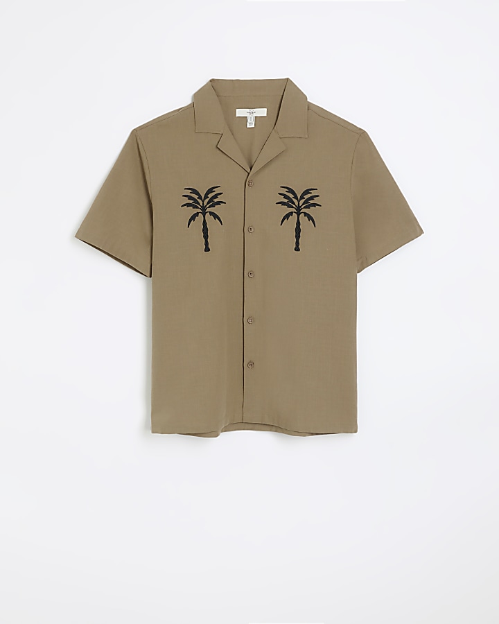 Brown regular fit embroidered palm tree shirt