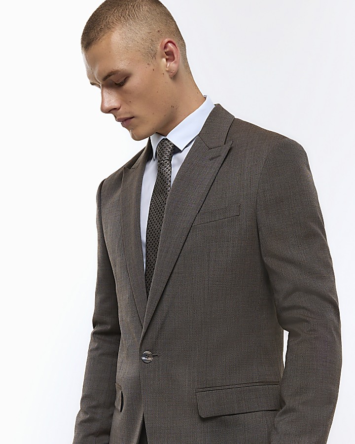 Brown slim fit wool blend suit jacket