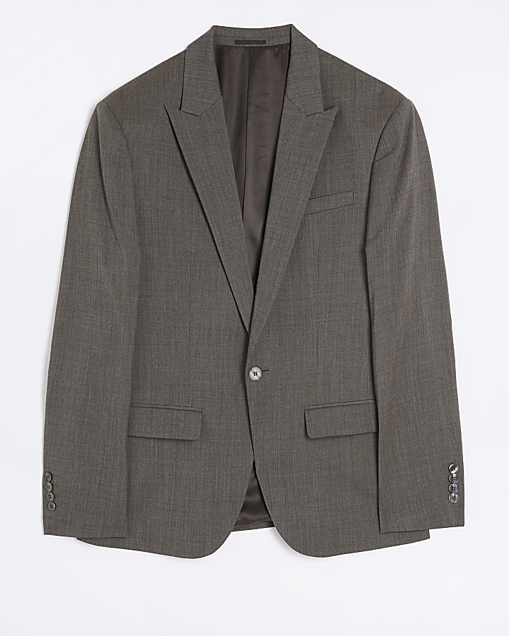 Brown slim fit wool blend suit jacket
