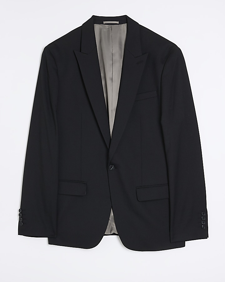 Black slim fit wool blend suit jacket
