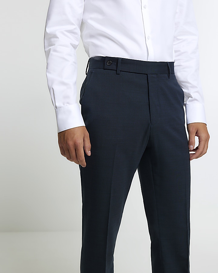 Blue slim fit wool blend suit trousers