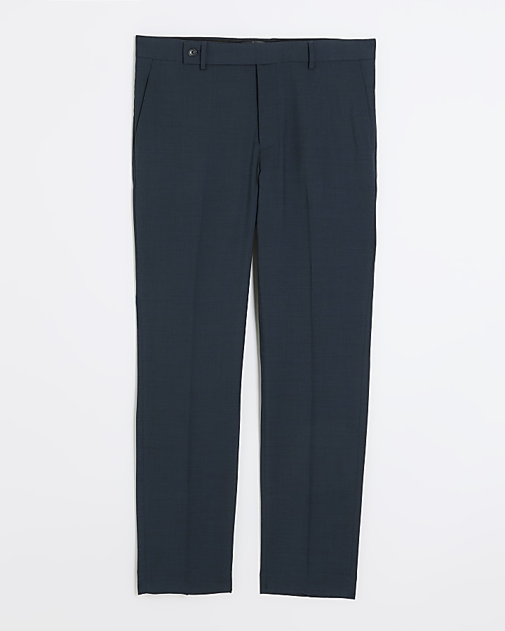 Blue slim fit wool blend suit trousers