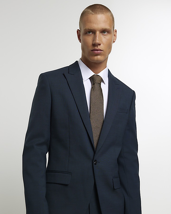 Blue slim fit wool blend suit jacket