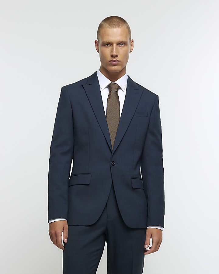 Blue slim fit wool blend suit jacket