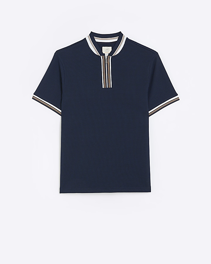 Navy slim fit textured taped polo shirt