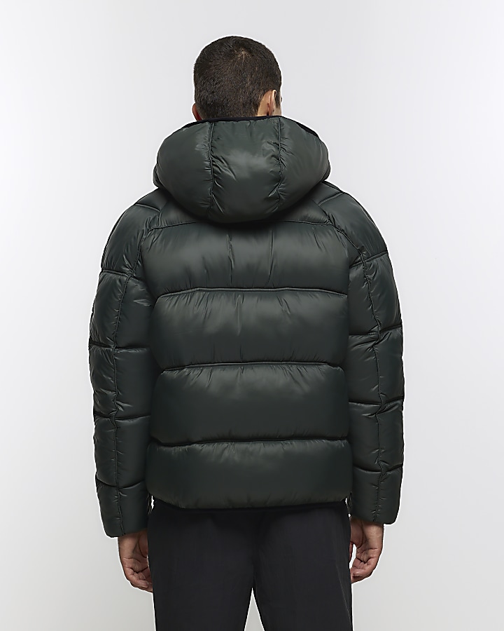 Dark green regular fit hooded puffer jacket