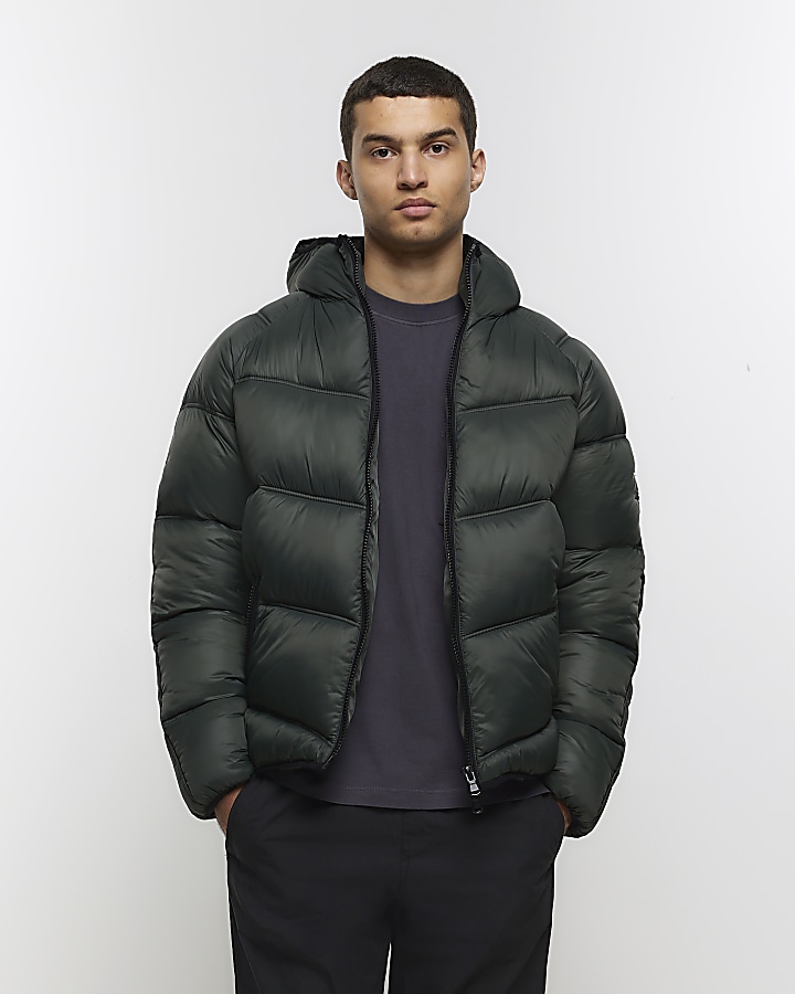 Dark green regular fit hooded puffer jacket | River Island