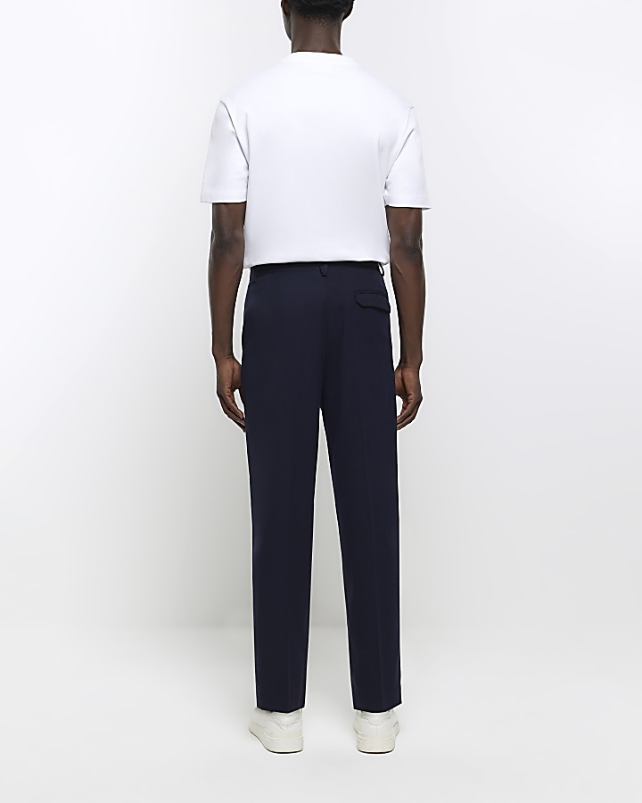 Navy tapered fit flannel smart trousers | River Island