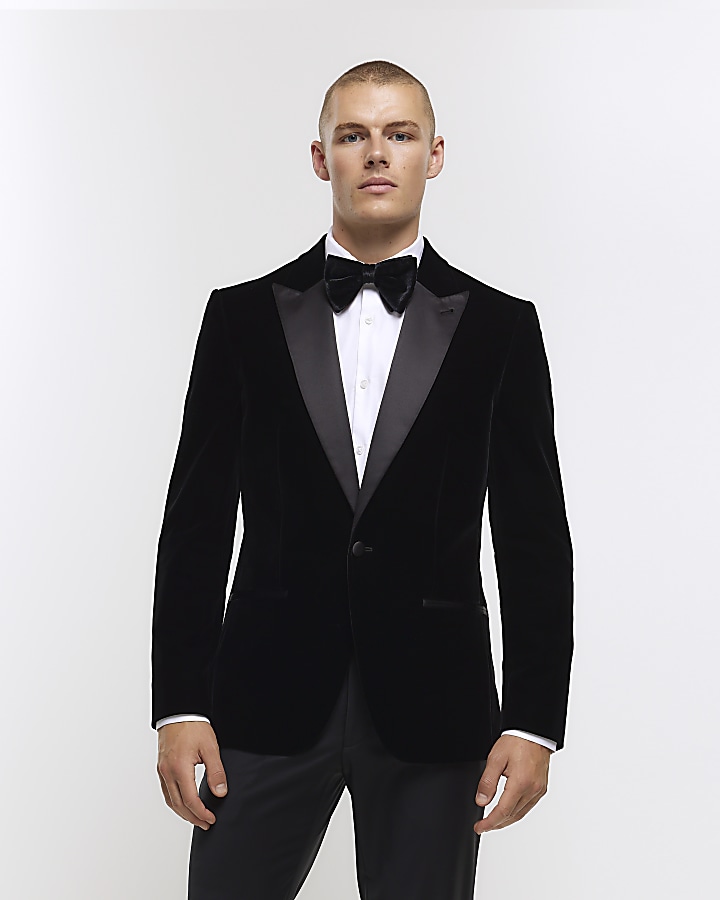 Black slim fit velvet tuxedo jacket | River Island