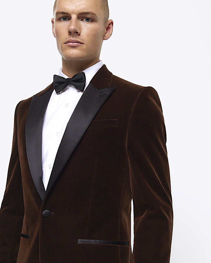 Dark brown slim fit velvet tuxedo jacket | River Island