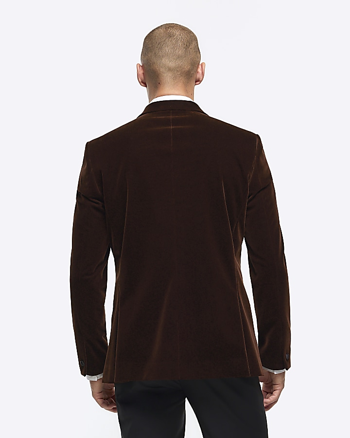 Dark brown slim fit velvet tuxedo jacket