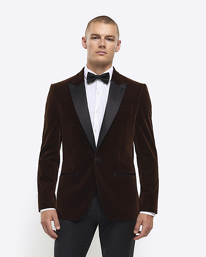 Dark brown slim fit velvet tuxedo jacket | River Island