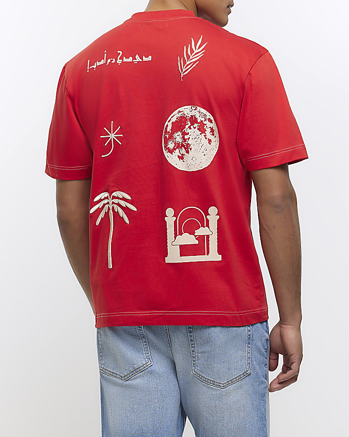 Red regular fit embroidered t-shirt