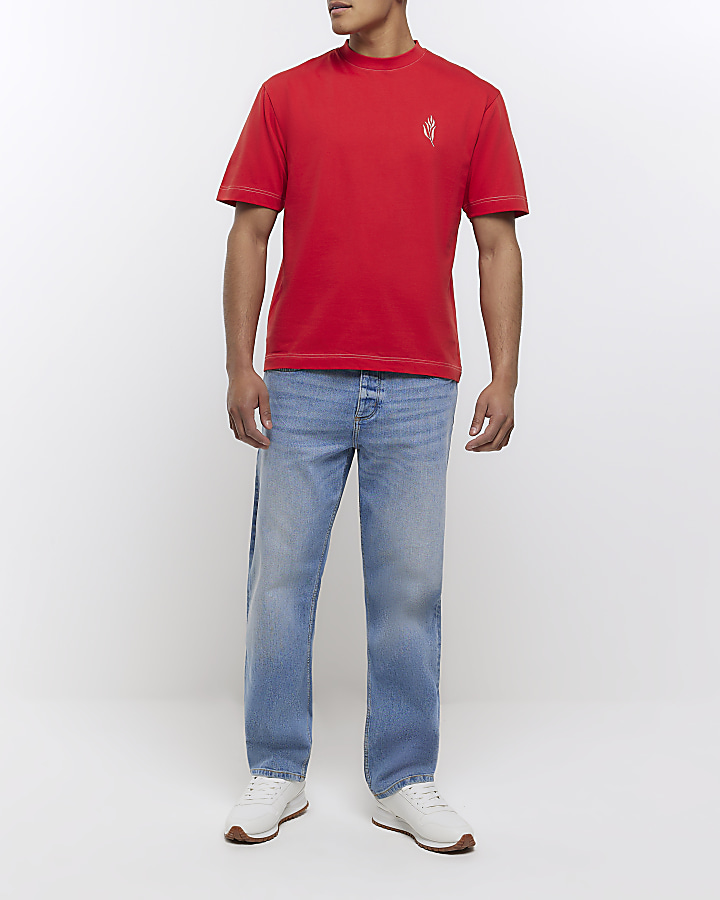 Red regular fit embroidered t-shirt