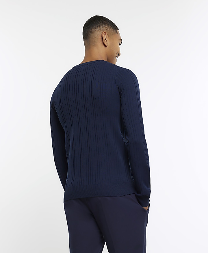 Navy muscle fit rib jumper