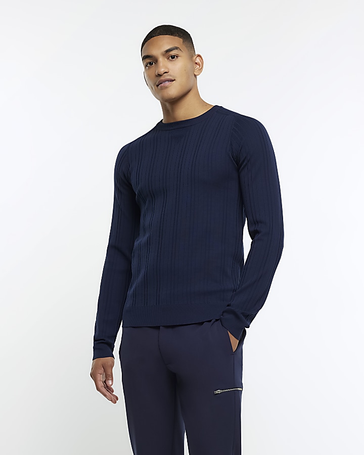 Navy muscle fit rib jumper