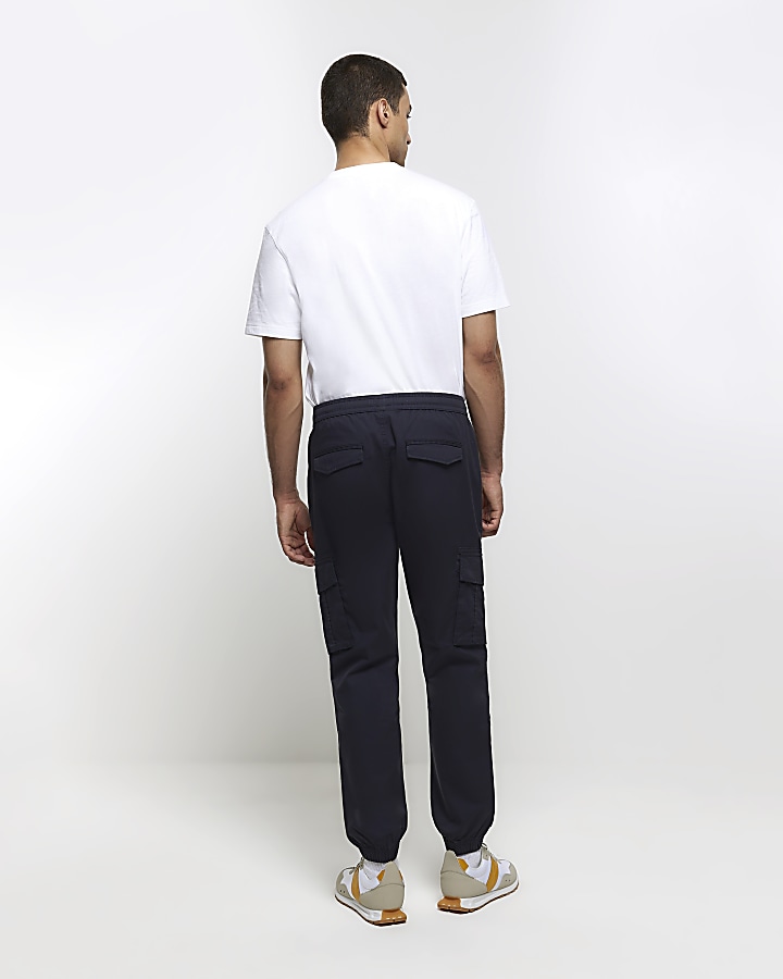 Washed navy slim fit cargo joggers | River Island