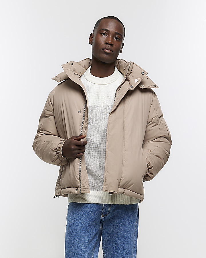 Brown regular fit hooded parka puffer jacket