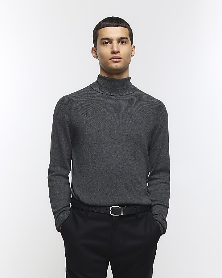 Grey slim fit rolled neck jumper