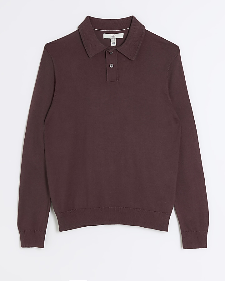 Purple slim fit knitted long sleeve polo | River Island