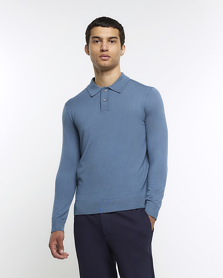 Blue slim fit knitted long sleeve polo