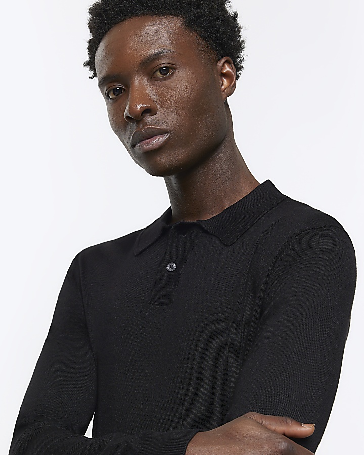 Black slim fit knitted long sleeve polo | River Island