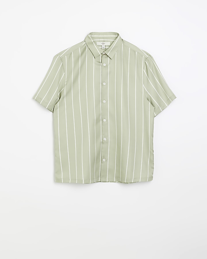 Green regular fit striped short sleeve shirt